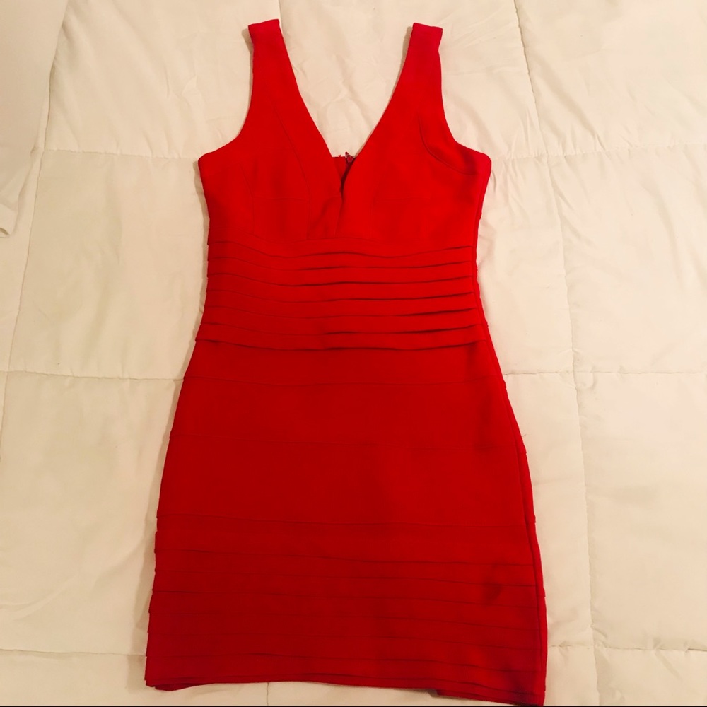 Bright Red Mini Dress with V-neck and Ruched Waist